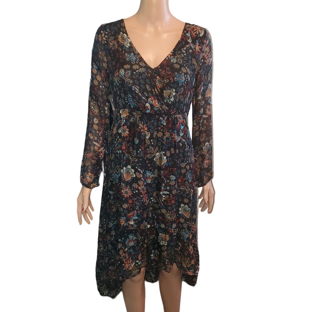 ELENA BALDI Size XS Silk Blend Black Floral Hi-lo Midi Dress Peach Blue Red